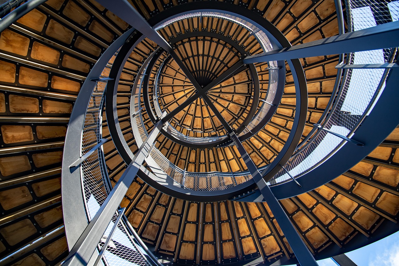 Wood and steel spiral staircase